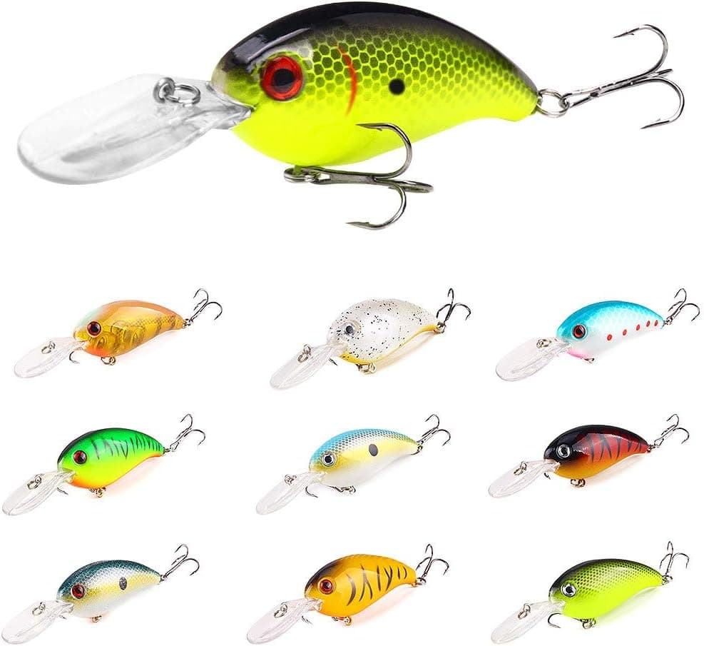 INTSUN Crankbaits Fishing Lures Set 10Pcs, Lifelike Bass Lures, Treble Hooks 3D Eyes Swimbait Hard Baits with Deep/Shallow Divers, for Freshwater and Saltwater