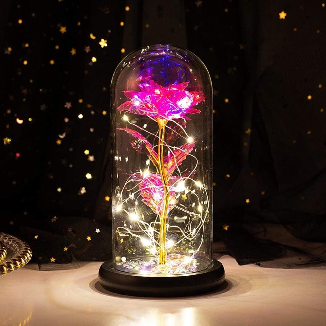 Beauty and The Beast Rose，Galaxy Rose in Glass Dome Wooden Base for Home Decoration Best Gift Valentine's Day Mother's Day Christmas Anniversary Birthday Thanksgiving Day (Crystal rose red flower)