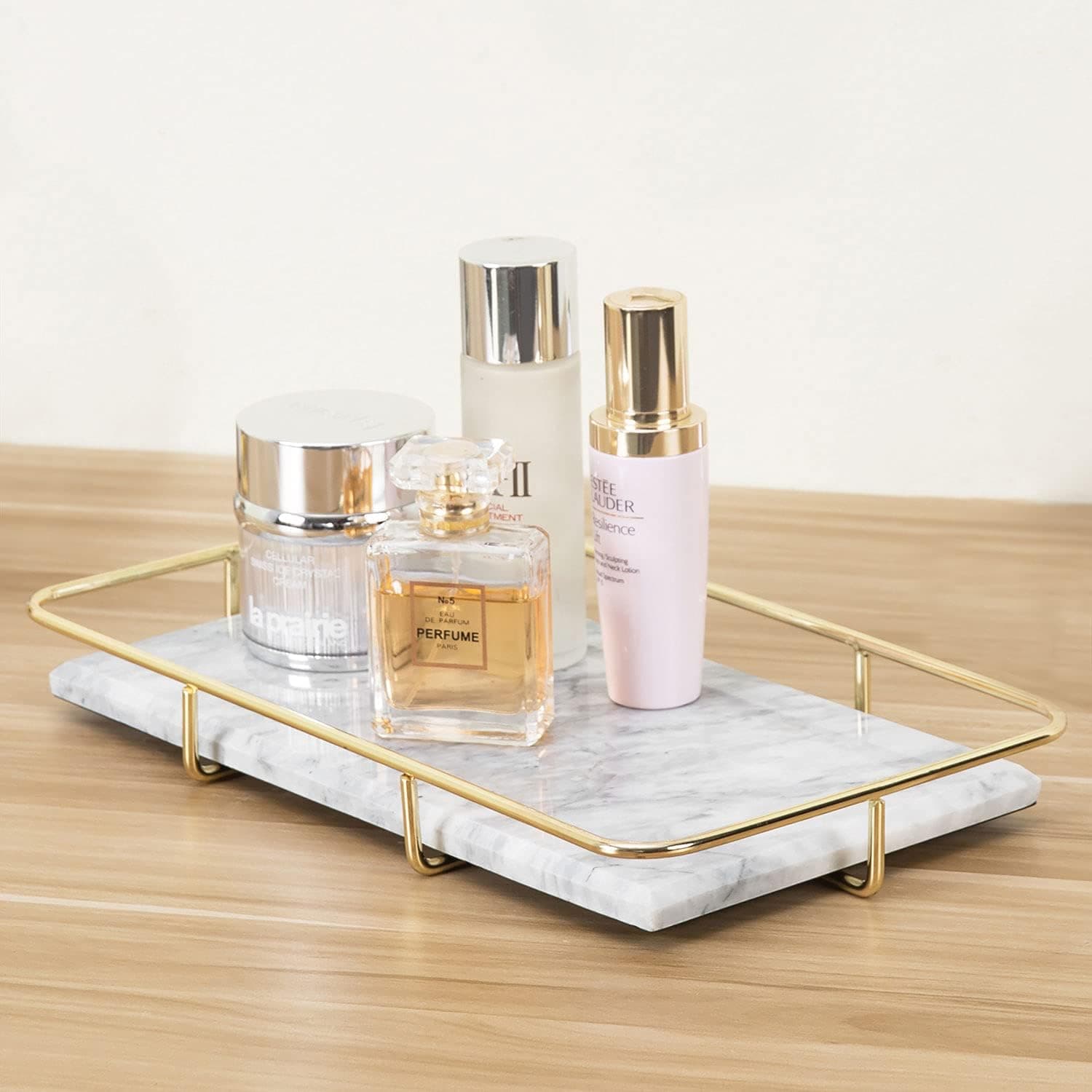 MyGift Marble Vanity Organizer Tray with Polished Gold-Tone Metal Rail