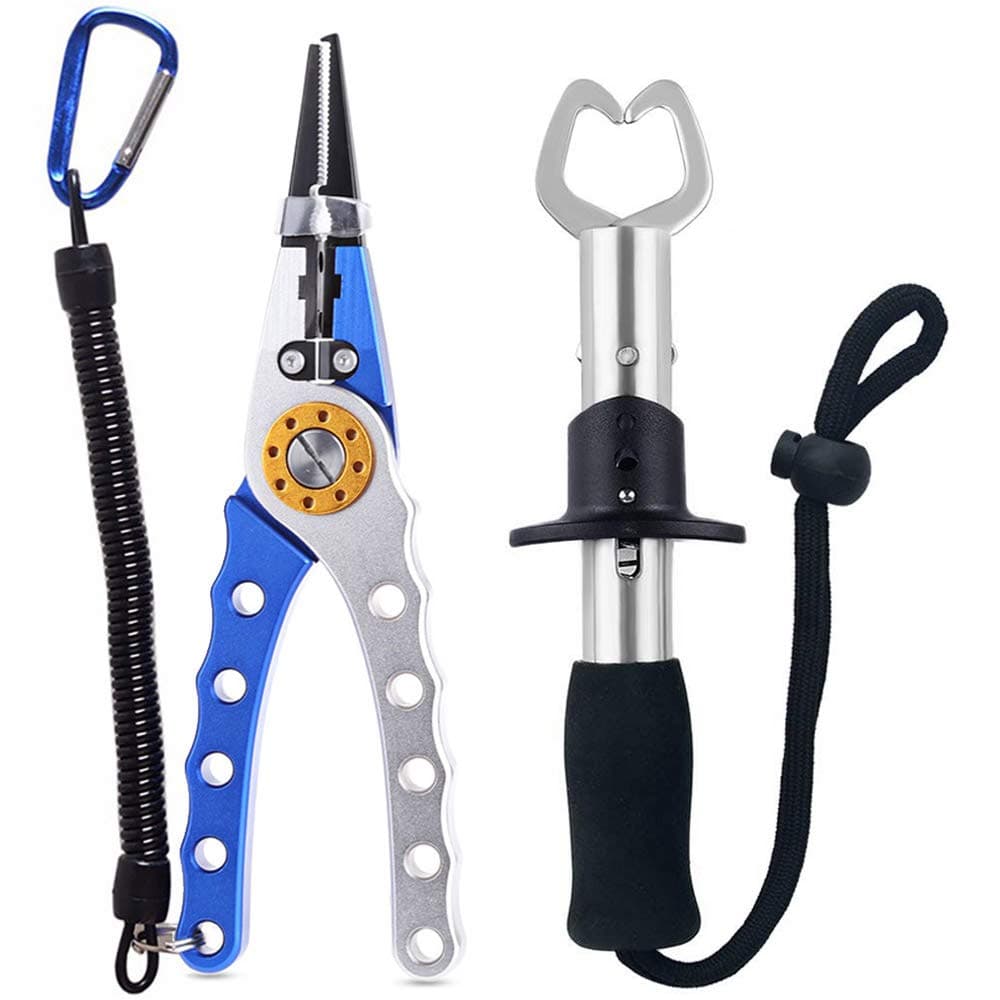LuoKaGee Aluminum Fishing Pliers Braid Cutters Split Ring Pliers Hook Remover Fish Grapper Tools with Sheath and Lanyard (Fishing Pliers Blue&Silver + Fish Grabber)