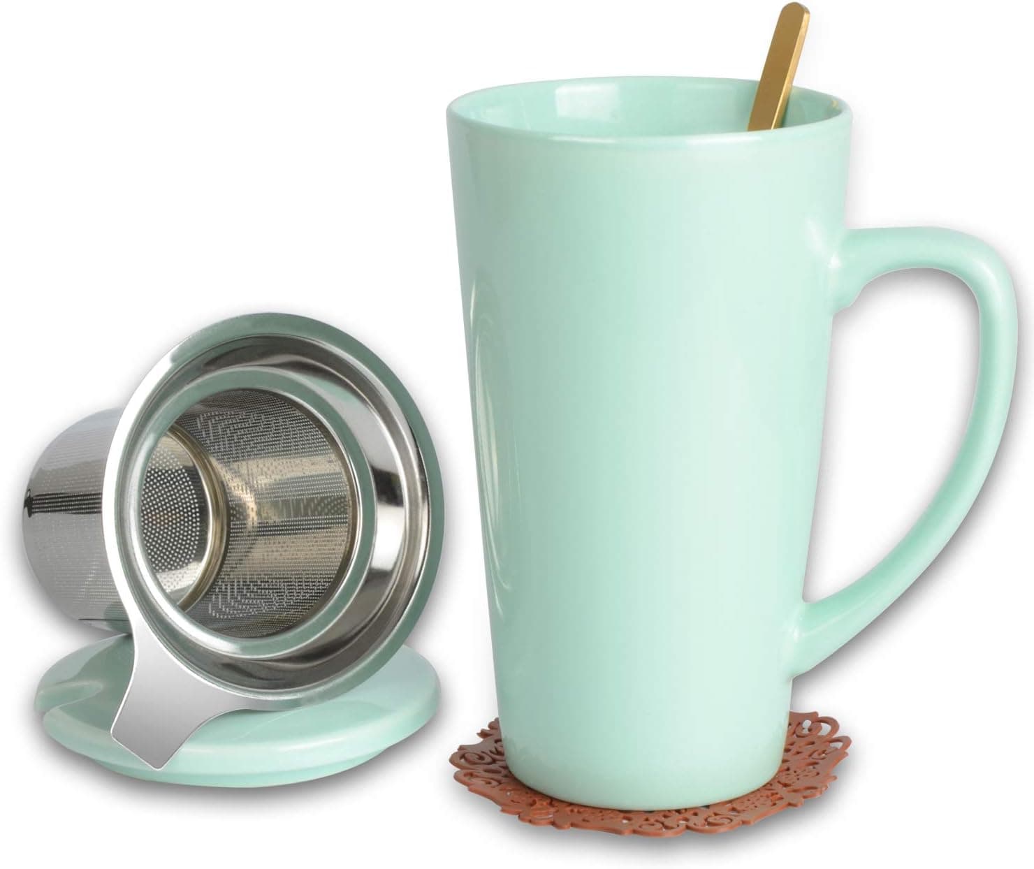 CoBak Tea Infuser Mug with Lid - 17oz/500ml Loose Leaf Tea Cup with Infuser,Spoon,Coaster,Fresh Hot or Cold Blends, Cute and Portable Home, Office Use, Ultra-Fine Steeper, Green