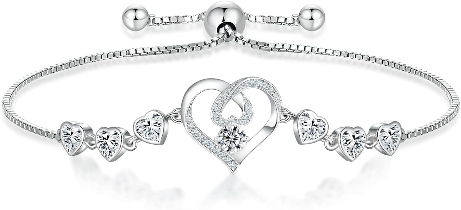 SILVERKITY Love Heart 925 Sterling Silver Bracelets for Women with Birthstone Zirconia, Adjustable Slider Bracelet, Dainty Jewelry Gift for Girlfriend, Birthday Gifts for Wife Mother Friends, Daily Wear Bracelets