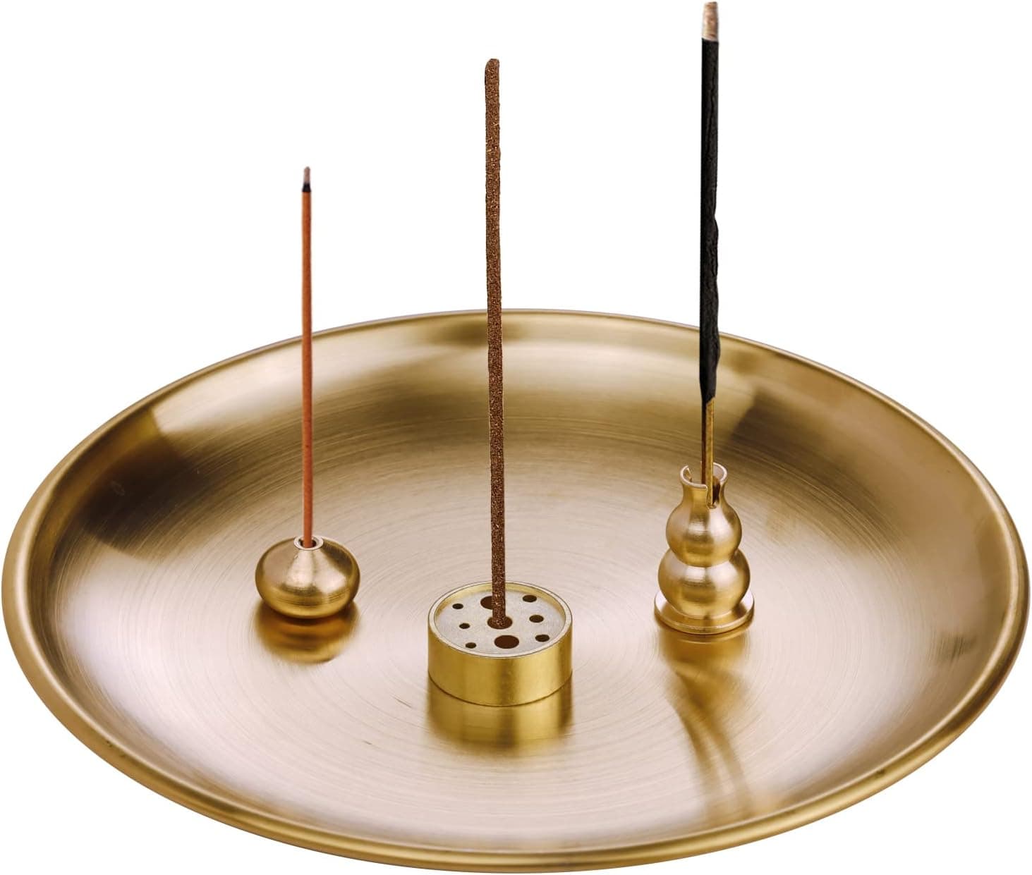 Brass Incense Holder 3 Styles with 5.5 inch Round Metal Plate Ash Catcher Sticks Coil Incense Burner for Yoga, Home Fragrance Decoration