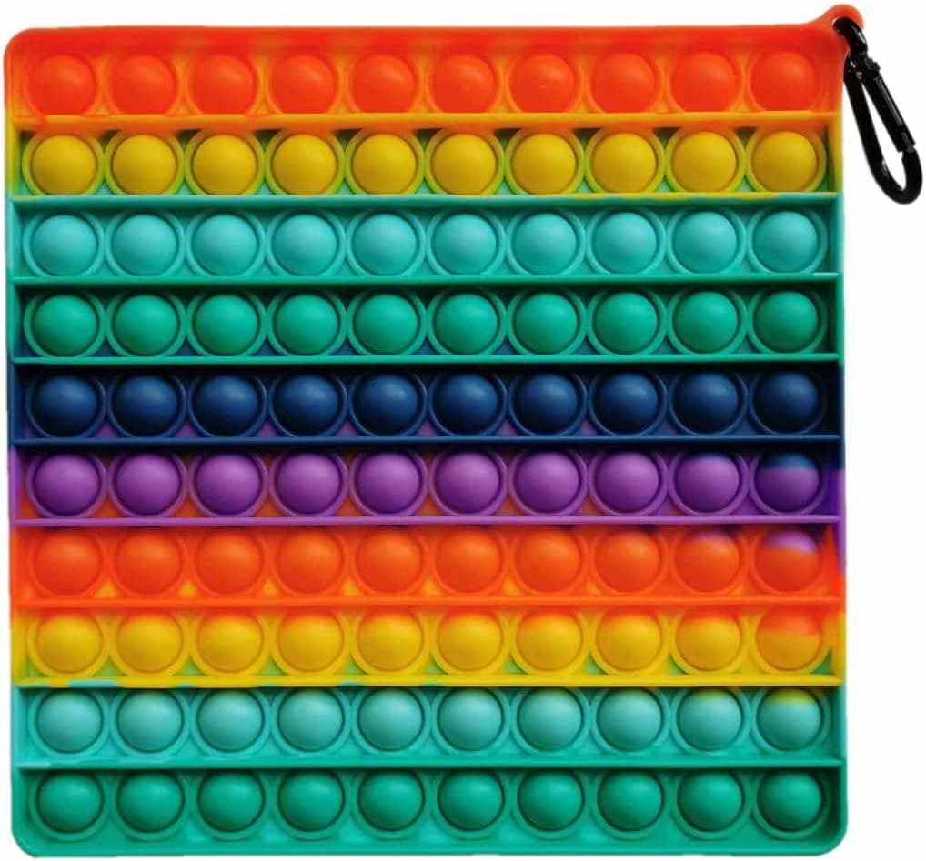 1 Pcs Big Size Push Bubble Sensory Pop Fidget Toys, 8 in (100 Bubbles) Stress Reliever Silicone Pressure Relieving Toy, for Special Needs Children Autistic Kids Anxiety Adults Rainbow Color (Square)
