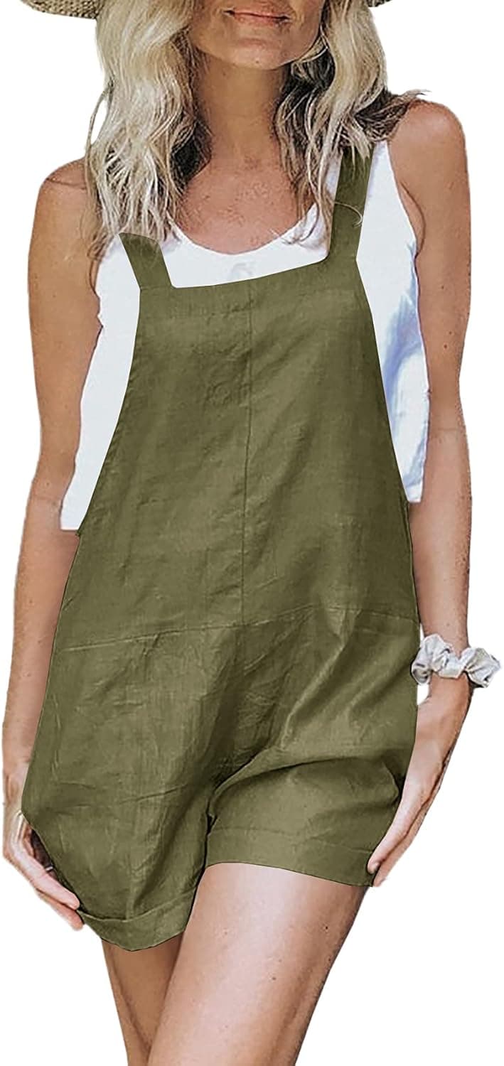 Narex Womens Linen Cotton Short Overalls Casual Summer One Piece Loose Fit Rompers with Pockets