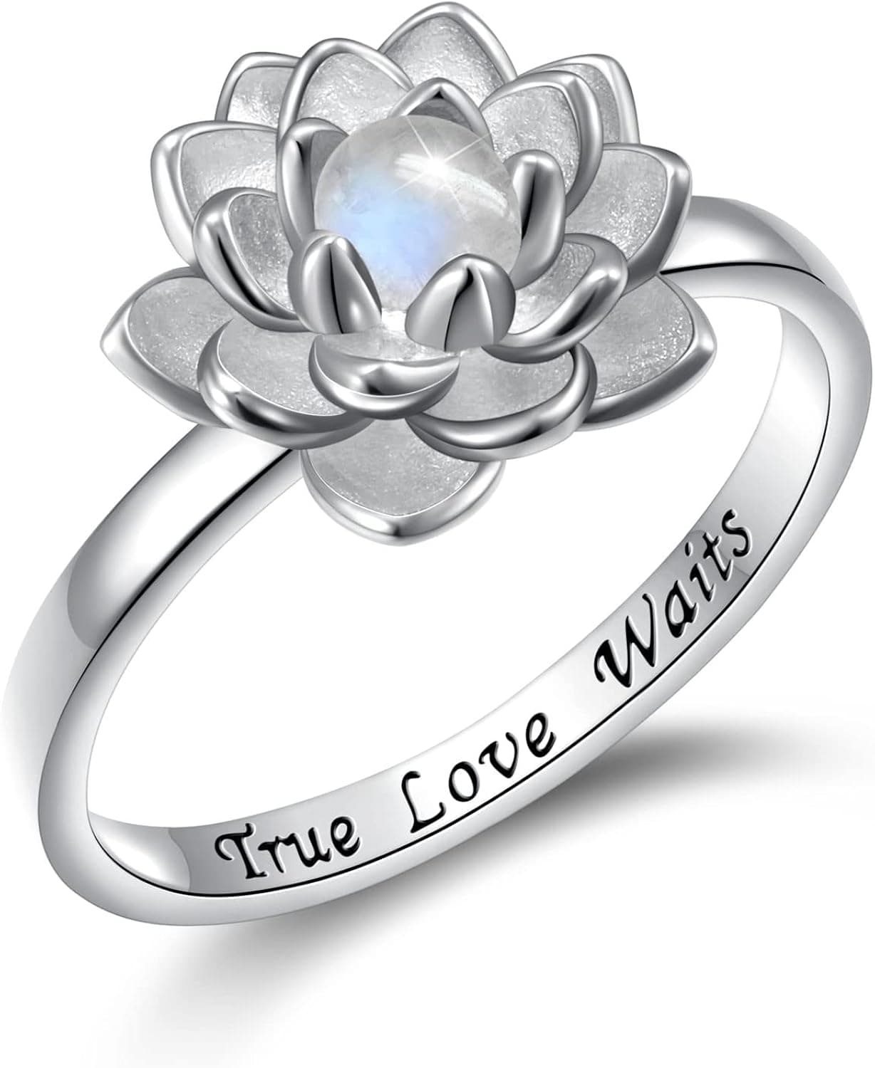 Moonstone Lotus Ring, Yearace Sterling Silver Engraved True Love Waits, Lotus Natural Blossom Vintage Ring Yoga Jewelry Gifts for Women