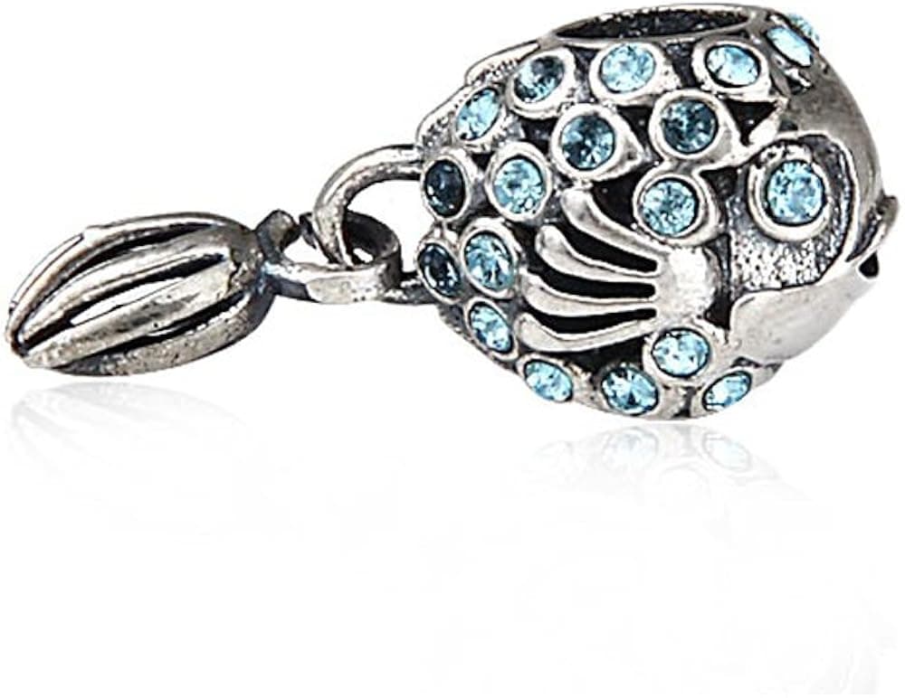Everbling Splish Splash Fish Dangle March Birthstone 925 Sterling Silver Bead Fits European Charm Bracelet
