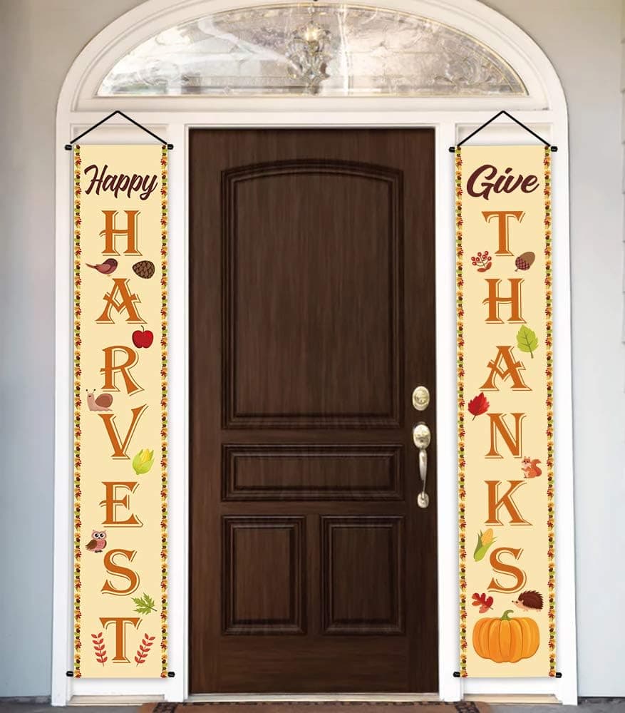 Fall Decorations Porch Sign Banner - Happy Harvest Give Thanks - Autumn Door Pumpkin Maple Leaf Thanksgiving Party Supplies Decor