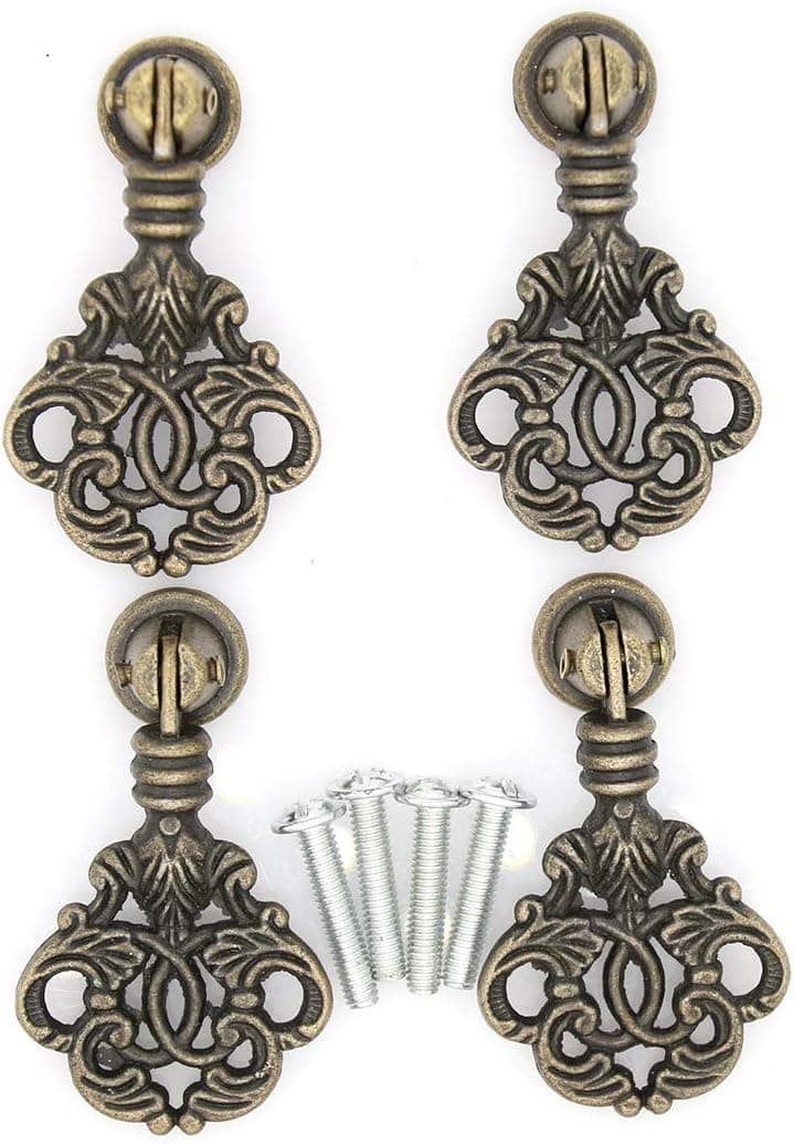 LXZ 4 PCs Vintage Pendant Pull Handles - Antique Brass Drop Pulls for Cabinet Dresser Wardrobe - Height 2-13/64" (56 mm), Pendant Width 1-17/64" (3.2 cm)