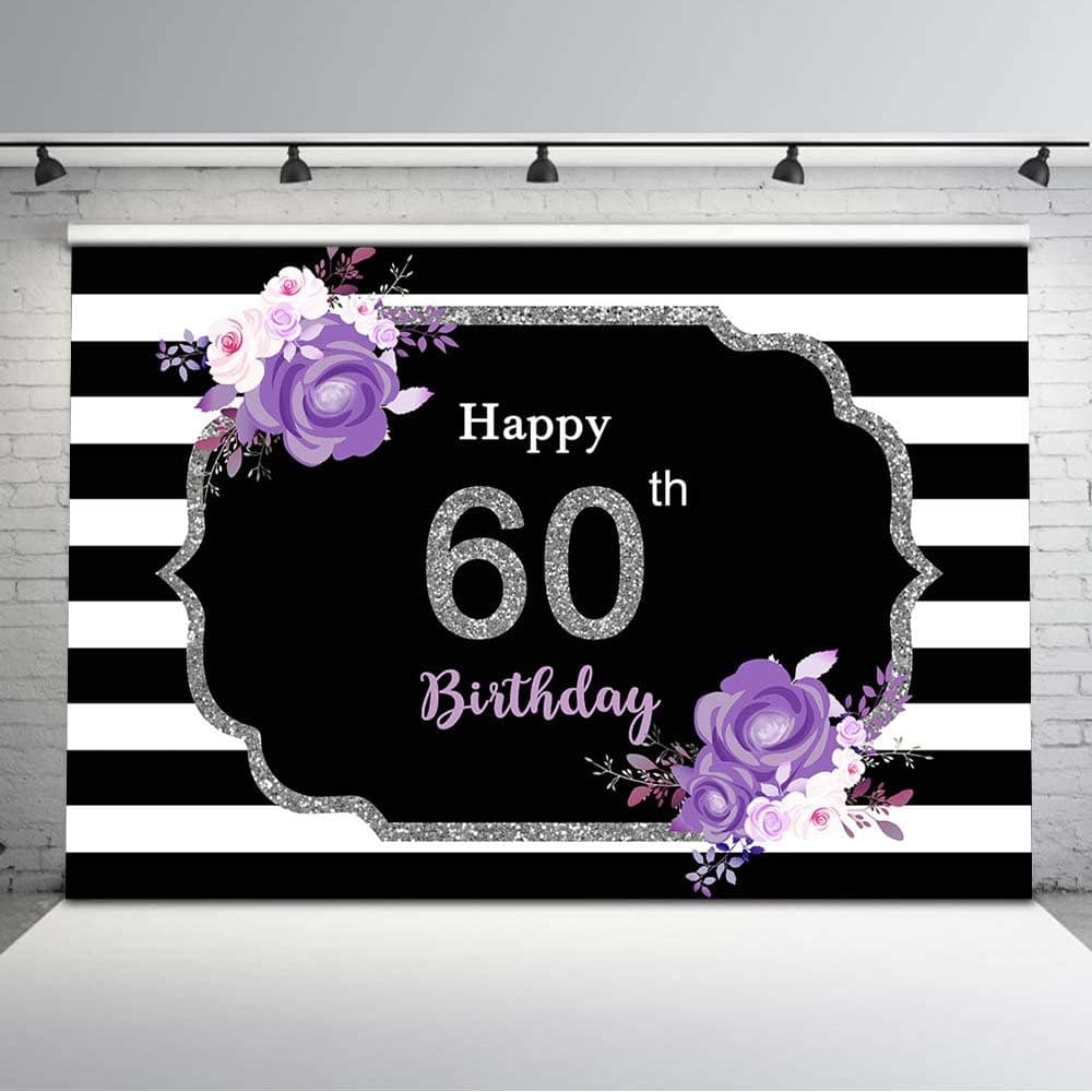 Mocsicka Happy 60th Birthday Backdrop Black and White Birthday Background Vinyl 7x5ft Purple Flower Glitter Silver 60th Birthday Photo Booth Backdrops Birthday Decorations