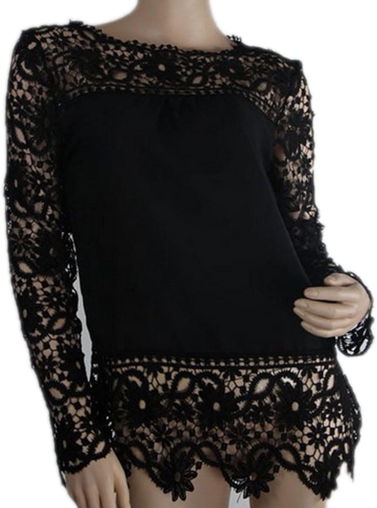 Yonger Women's Chiffon Lace Crochet Long Sleeve Casual Shirt Blouse Tops, Black