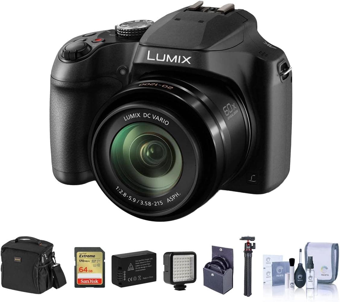 Panasonic Lumix DC-FZ80 Point & Shoot Digital Camera Bundle with 64GB SD Card, Bag, Extra Battery, Flexible Tripod, Mini LED Light, Filter Kit, Cleaning Kit