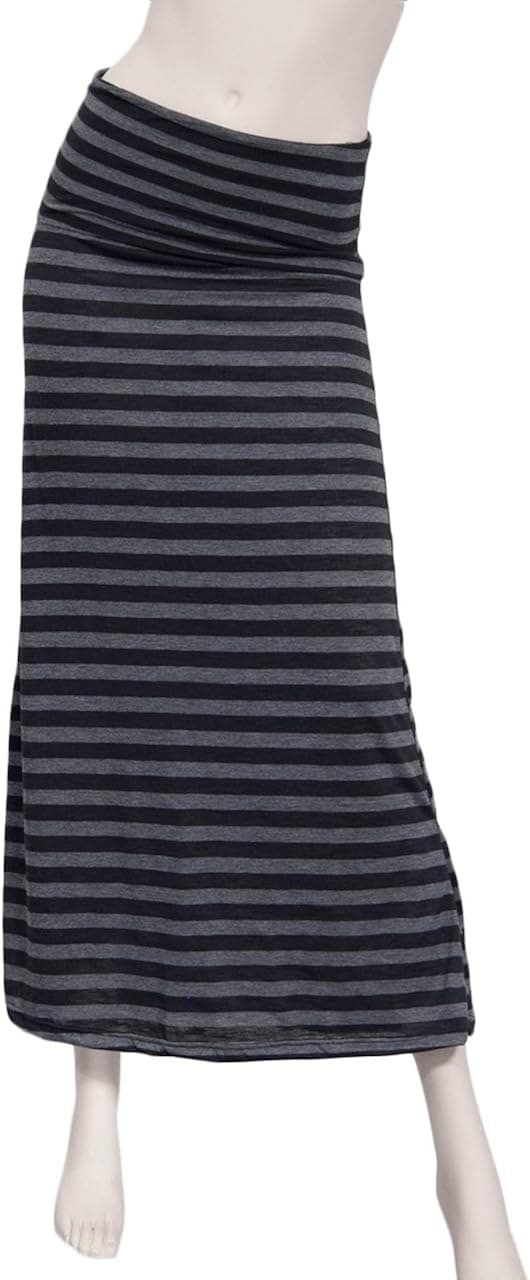 Charcoal Black Horizontal Striped Fold-Over Maxi Jersey Skirt