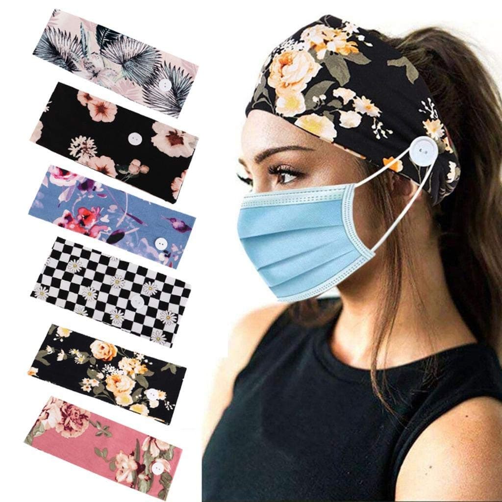 6PCS Face Mask Headbands with Buttons 9x4.7Inch 6 Different Head Wrap Face Cover Holder for Nurses Women Men, Non Slip Hair Bands