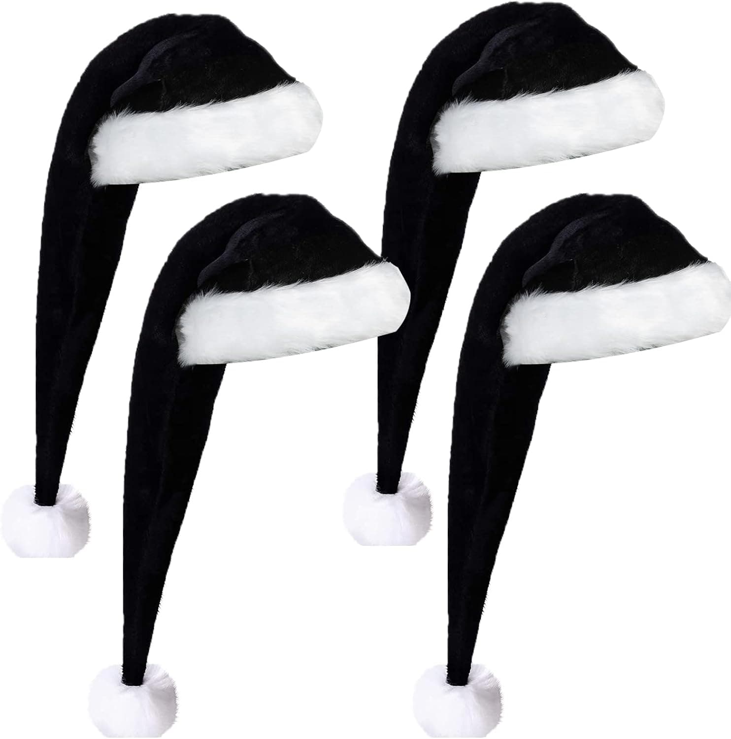 Kederwa Black Santa Hat for Adults 4 Pack, Long Christmas Hats with Soft faux fur and double layer fabric for Christmas Women Men Costume