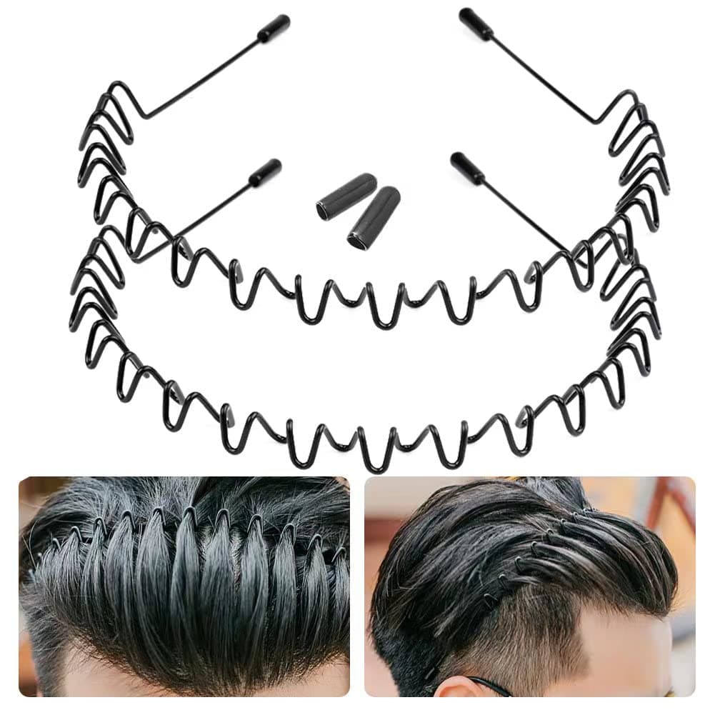 Showvigor 2 Pcs Metal Headband,Unisex Black Wavy Spring Sports Headbands for Men Women's Metal Hair Band with 2 Protective Cover, Spring Wavy Nonslip Hair Hoop Fashion Headwear Hair Accessories