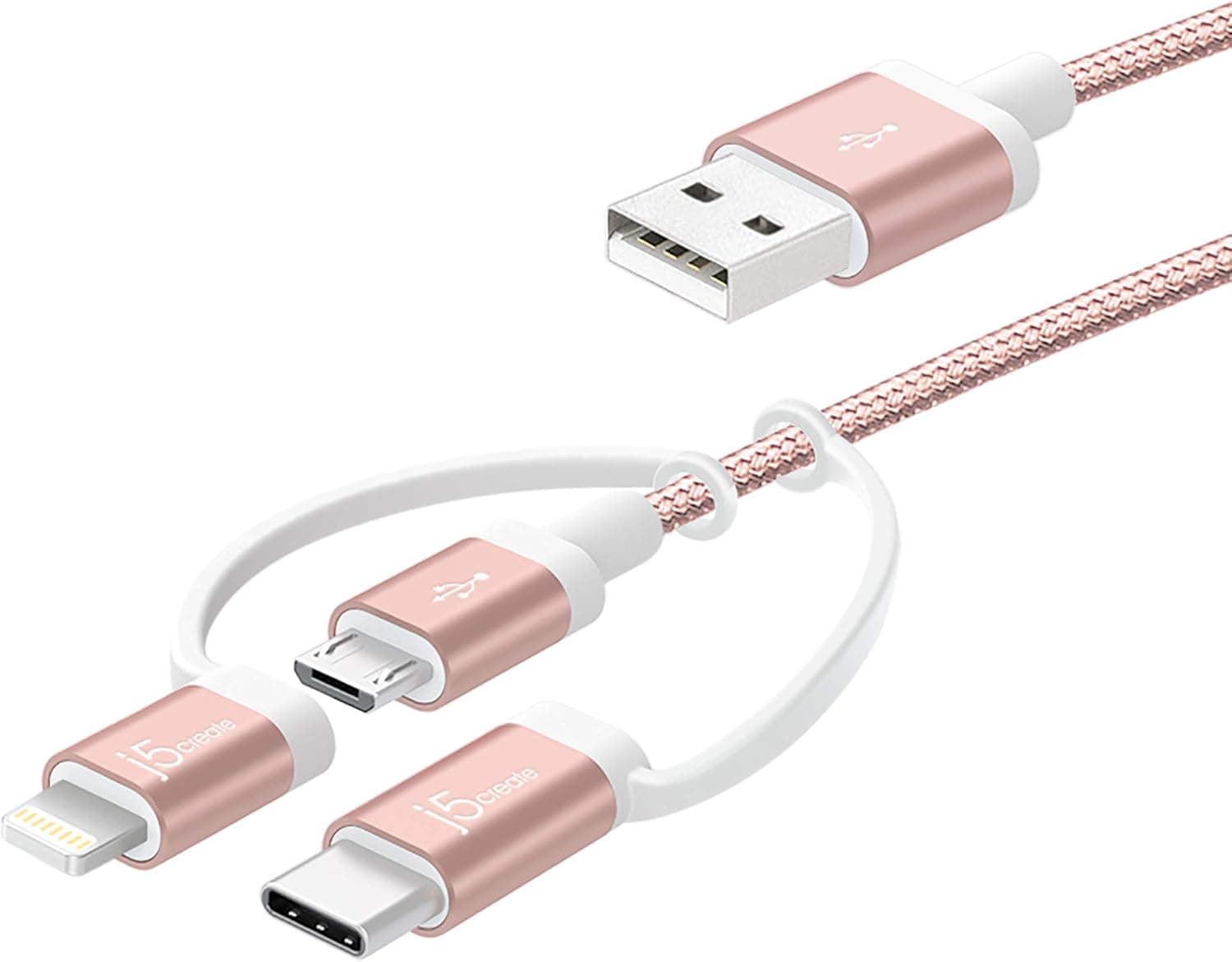 j5create 3-in-1 Charger Cable Adapter | 3.3ft Nylon Braided USB to Micro-USB Compatible with Apple iPhone Charger Lightning Cable (MFI Certified) & USB Type C Devices | iOS, Android (Rose Gold)