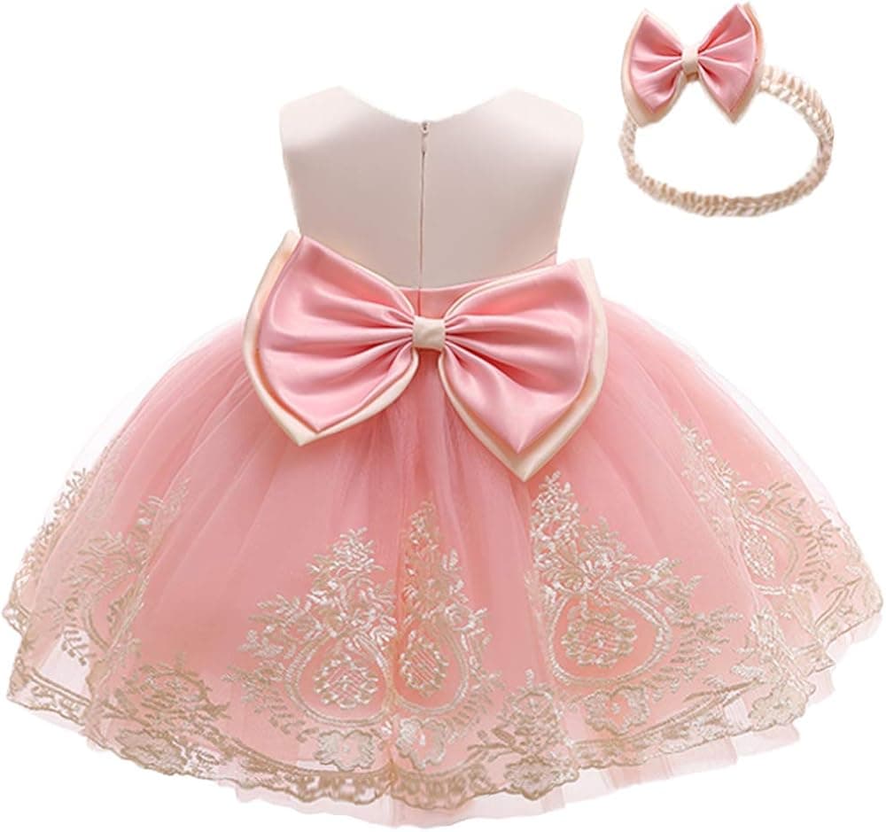 AVAZU 0-6T Big Bowknot Pageant Lace Embroidery Dress Toddler Baby Girls Party Tutu Gown Dresses with Headwear
