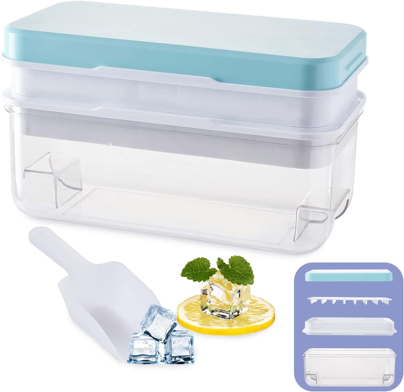 Silicone ice cube tray for freezer with lid and bin,ice trays for freezer cocktails, ice cube mold , 64 Grids press type ice cube maker for freezer Easy to Release ice bin with Ice Scoop and container