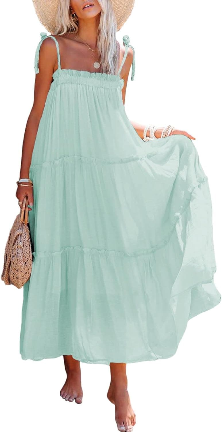 Meenew Women's Spaghetti Strap Maxi Flowy Dress Summer Long Vacation Dress M Light Green