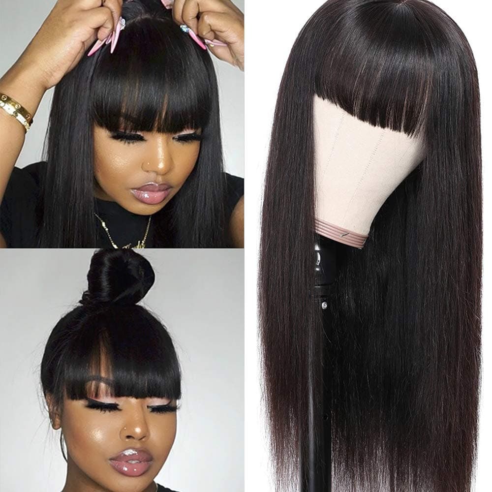 YuYuan Short Bob Wigs With Bangs 10inch Brazilian Straight Remy Human Hair Bob Wigs with Bangs None Lace Front 150 Density Glueless Machine Made Wig for Black Women Natural Color
