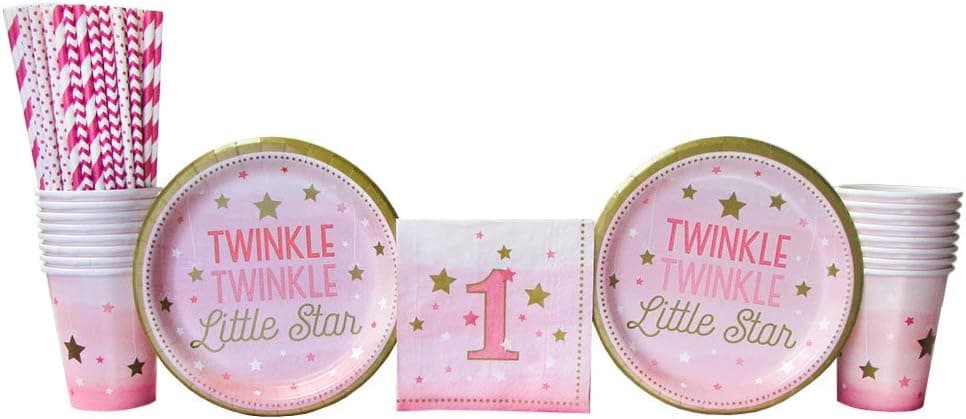 Twinkle Twinkle Little Star 1st Birthday Girl Party Supplies Pack for 16 Guests: Straws, Dessert Plates, Beverage Napkins, Cups