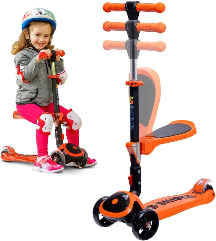 Kick Scooters for Kids Ages 3-5 (Suitable for 2-12 Year Old) Adjustable Height Foldable Scooter Removable Seat, 3 LED Light Wheels, Rear Brake, Wide Standing Board, Outdoor Activities for Boys/Girls