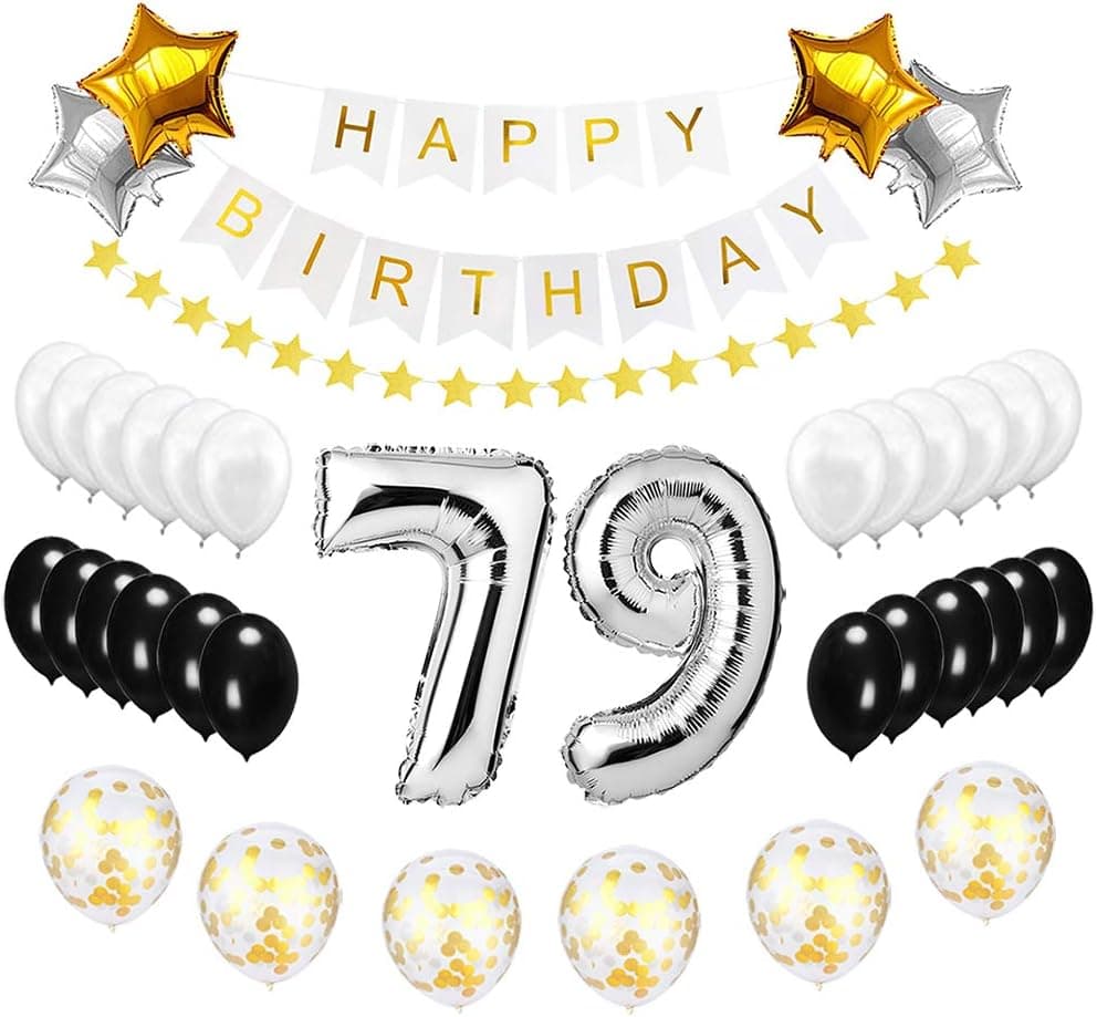 Happy to 79th Birthday Balloons Set - Birthday Theme Decorations for 79 Years Old Party Supplies Silver Black Gold