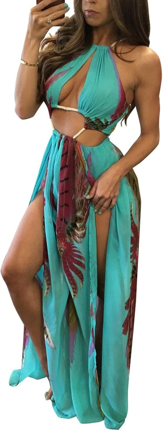 BIUBIU Women's Sexy Boho Floral Halter Summer Beach Party Split Cover Up Swimsuit Outfit Maxi Dress