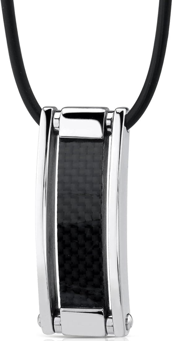 Auto-Style Fashion: Stainless Steel and Carbon Fiber Rectangular Paneled Pendant on Rubber Cord for Men