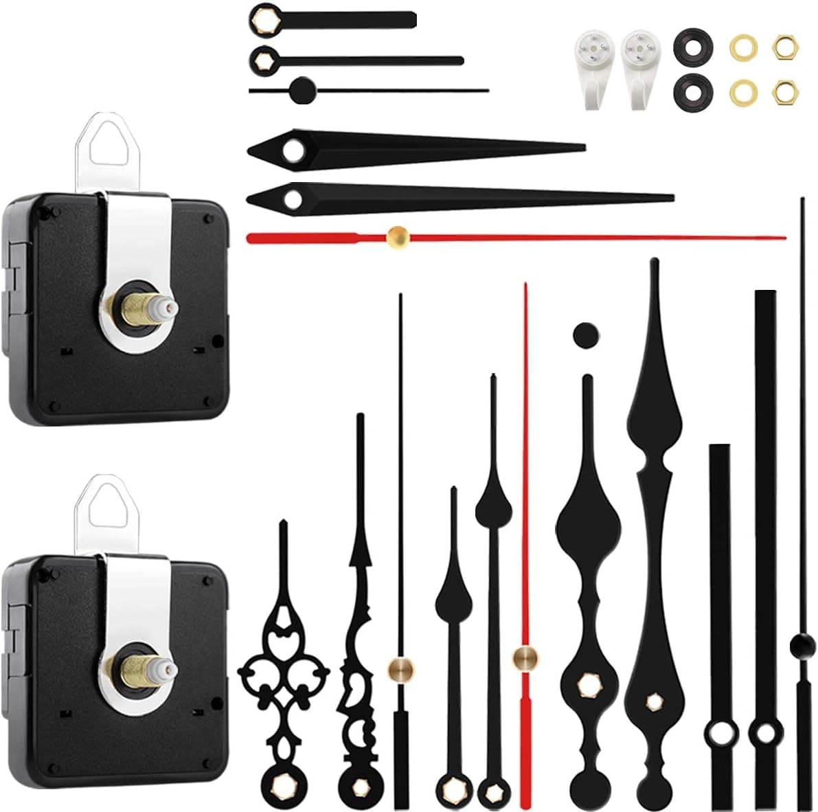 StFlyBro 2 Non Ticking Clock Movements with 6 Pack Different Size Clock Hands, DIY Repair Parts Replacement, Battery Operated