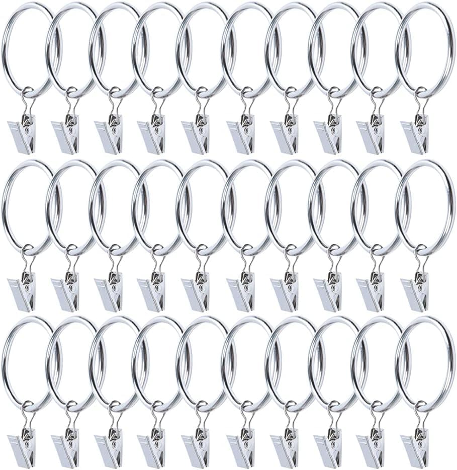 30 Pack Strong Iron Metal Curtain Rings with Clips 2.5 Inch Diameter, Decorative Drapery Rustproof Curtain Rod Clip Ring, Durable Vintage Drapery Hooks with Clips (Silver)