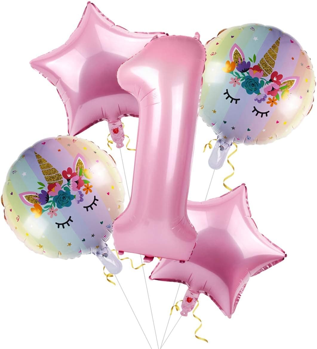 Patimate 1st Birthday Girl Decorations, Baby Girl First Birthday Decorations Supplies Pack of 6 (Number 1, Star and Round Unicorn Foil Balloons, Gold Ribbon)