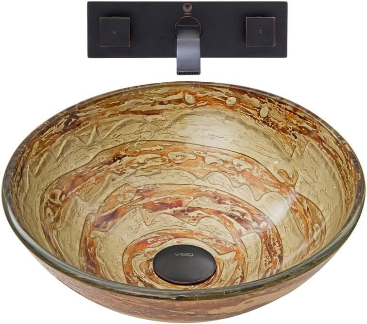 VIGO Mocha Swirl Glass Vessel Bathroom Sink and Titus Wall Mount Faucet with Pop Up, Antique Rubbed Bronze