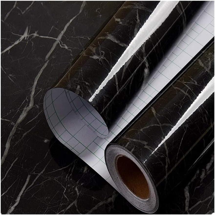 24in x 6.56ft Black Granite Look Marble Gloss Film Vinyl Self Adhesive Counter Top Peel and Stick Wall Decal (Black Marble)