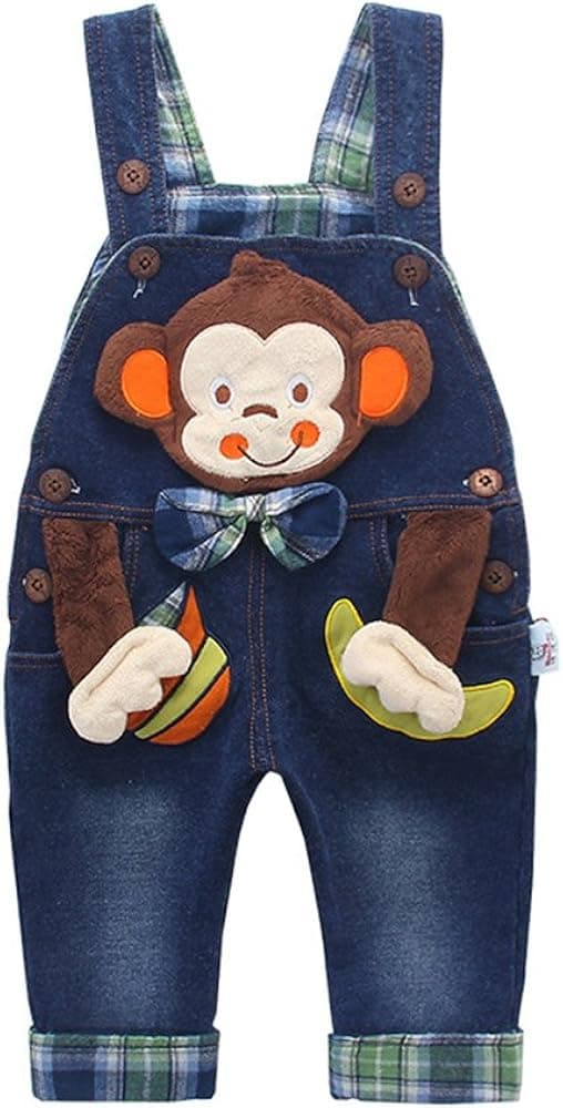 KIDSCOOL SPACE Baby Boy Girl Jean Overalls,Toddler Denim 3D Monkey Outfit