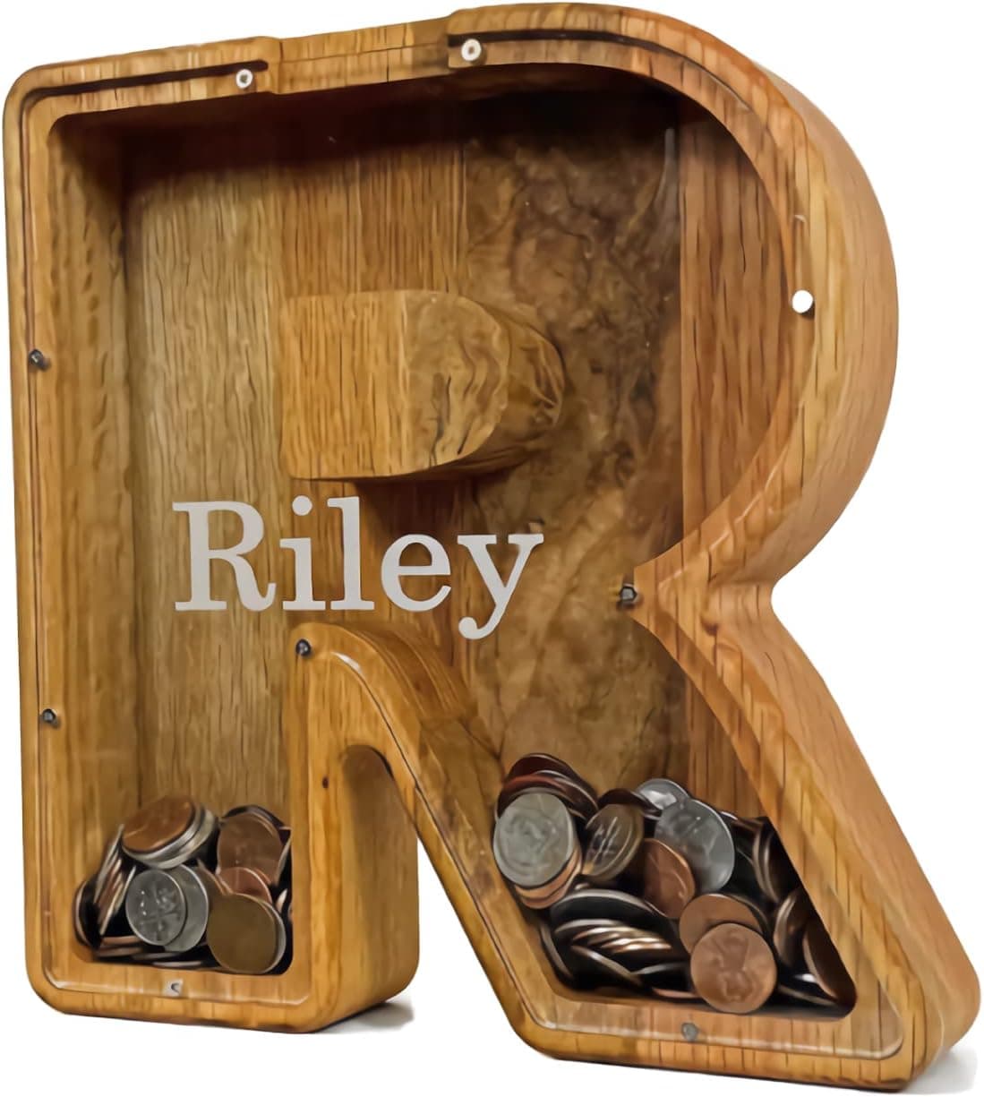 Personalized Name Wood Piggy Bank Gift Coin Bank, Laser Engraved Name 26 English Letters DIY Decor，Practical Gifts for Birthday, Christmas (R)