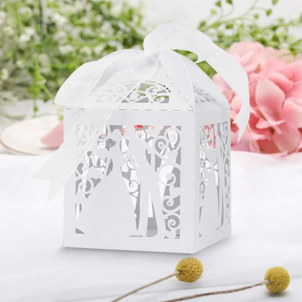 Lucky Monet 25/50/100PCS Bride and Groom Laser Cut Wedding Favor Boxes Lovers Couple Design Candy Gift Box Chocolate Box with Ribbon (100pcs, White)