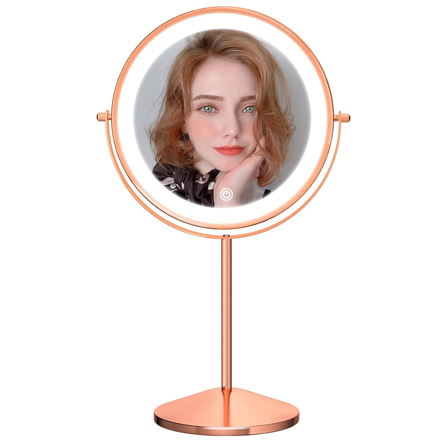 Makeup Vanity Mirror with LED Lights, 8 Inch Rechargeable Double Sided 10X Magnification Lighted, 3 Color Lighting, Dimmable Cosmetic Mirror with Touch Control 360°Rotation Light up Mirror Cordless