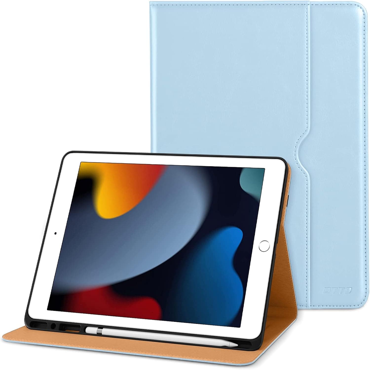 DTTO iPad 9th/8th/7th Generation 10.2 Inch Case 2021/2020/2019, Premium Leather Business Folio Stand Cover with Built-in Apple Pencil Holder - Auto Wake/Sleep and Multiple Viewing Angles, Ice Blue