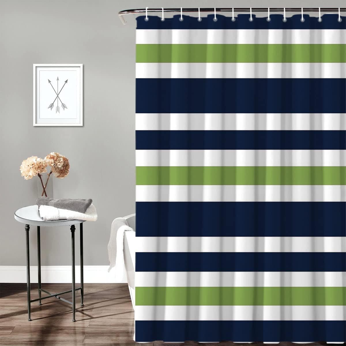 Crystal Emotion Navy Blue, Lime Green and White Kids Bathroom Fabric Bath Stripes Shower Curtain,72x72inch