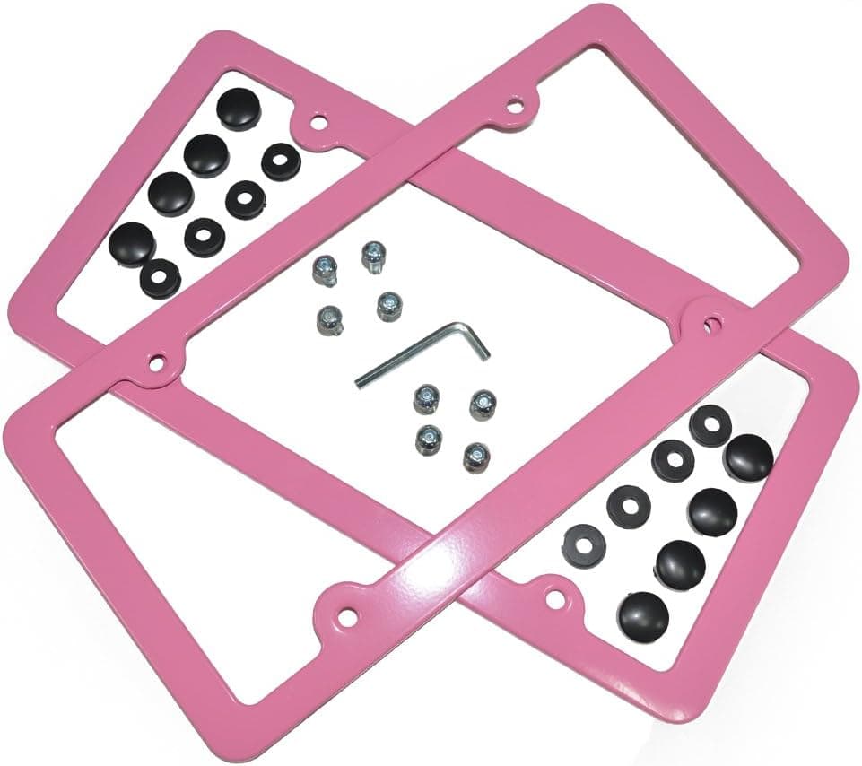 MsMr Car License Plate Frame - Aluminium Alloy License Plate Frame with Black Screw Caps (Pink 4 Holes) 2 Pack