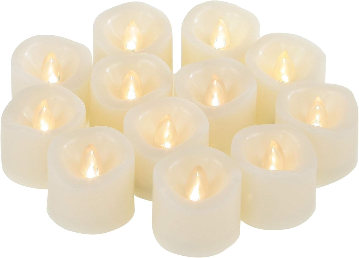 12 PCS Small Round Unscented Cream White Fake Flickering Battery Operated Powered Electric Flameless LED Tea Lights Tealight Votives Candles Bulk Set Lot Baptism Party Wedding Decorations Decor Gifts