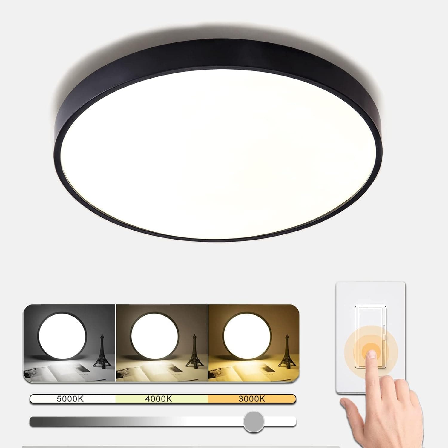 NUODIFAN LED Ceiling Light, 10&1/2in 24W 120V LED Flush Mount Ceiling Light, 3000K/4000K/5000K Light 3 Color Temperatures Round Flat Panel Light, Surface Mount Light for Hallway Bedroom Laundry