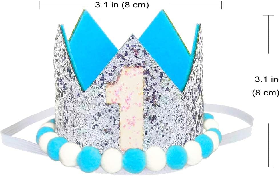 BLINGBLING Baby Princess Tiara Blue Crown，Baby Girls or Boys Neutral Kids First Birthday Silvery Hat Sparkle Pom poms Style with White Pom poms
