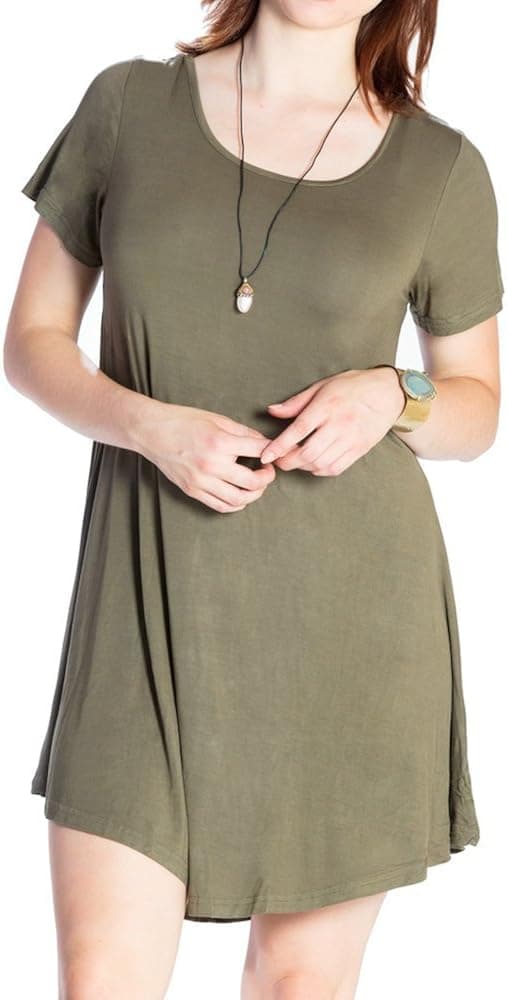 JollieLovin Women's Tunic Top Casual Short Sleeve Swing Loose T-Shirt Dress (Army Green, M)