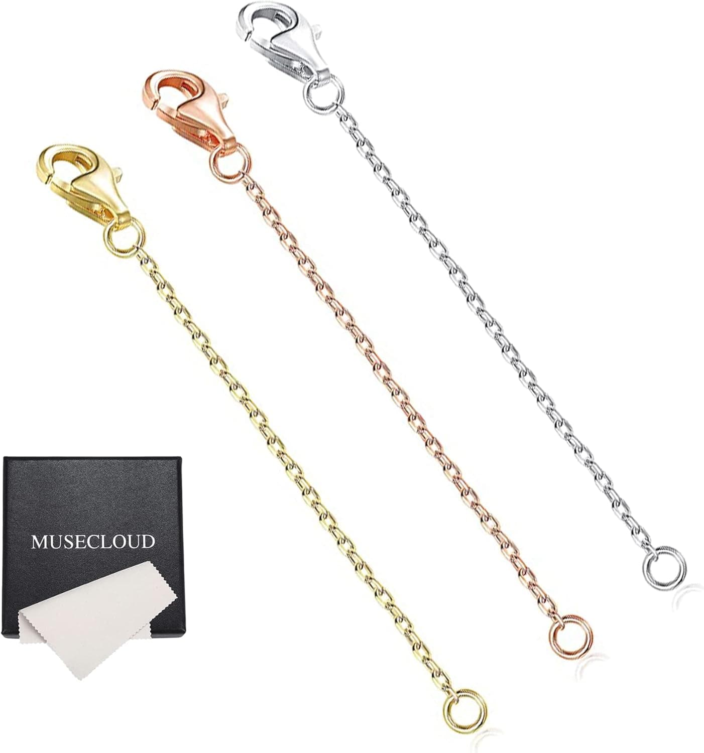 MUSECLOUD Delicate Necklace Extender Sterling Silver Chain Extenders for Necklaces Bracelet Extender Set 3PCS 925 Necklace Extenders for Women Chain Extension 2 Inch Multi Lobster