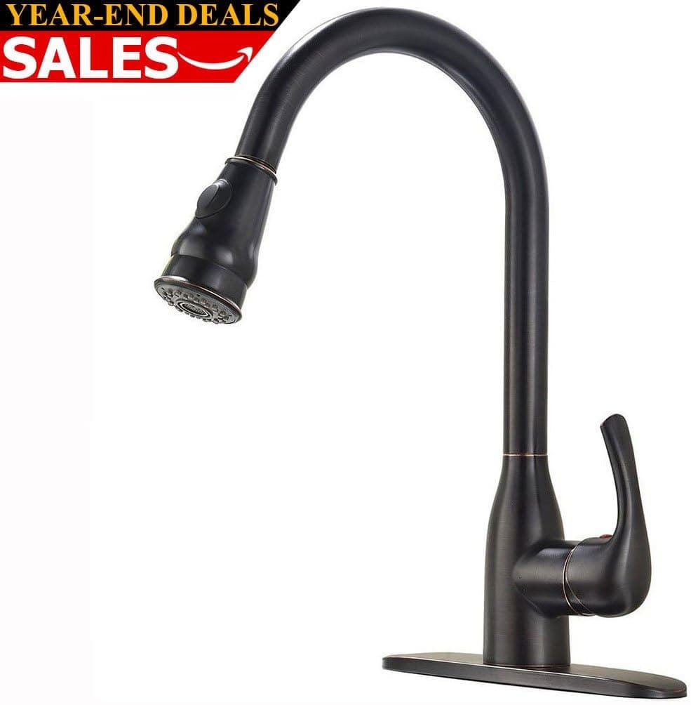 KINGO HOME Lead Free High Arch Stainless Steel Black Antique Pull Down Sprayer Oil Rubbed Bronze Kitchen Faucet, Kitchen Sink Faucet with Deck Plate