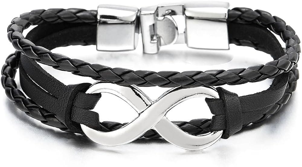 COOLSTEELANDBEYOND Infinity Love Number 8 Leather Bangle Bracelet for Men Women Three-Row Wristband