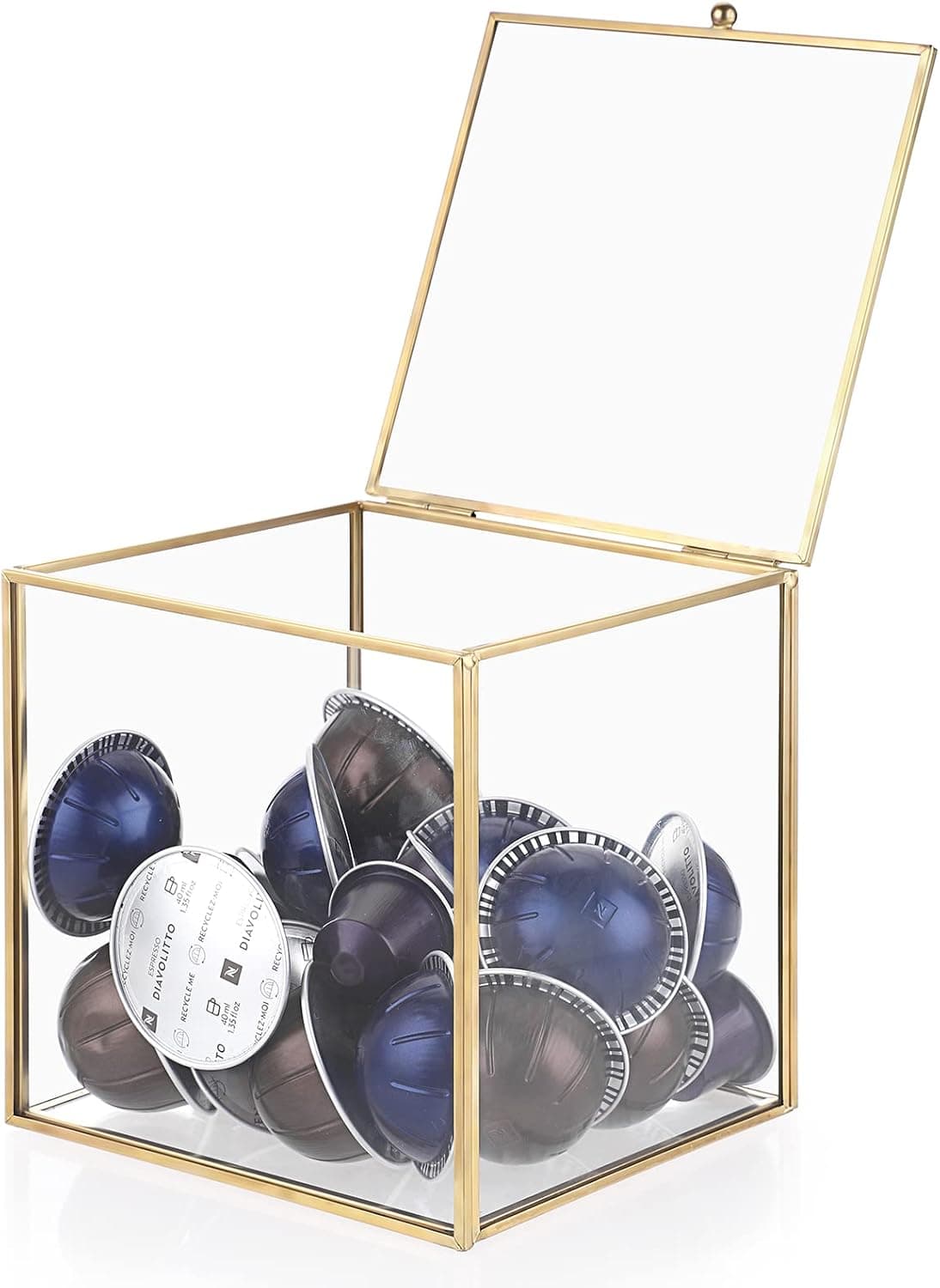 ELLDOO Gold Glass Coffee Pods Holder, Coffee Capsule Storage Box with Lid,Tea Bags Sugar Packets Storage Holder Kitchen Desktop Organizer Box, 15x15x15cm